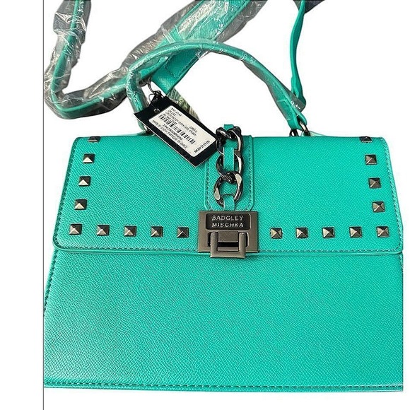 NWT Badgley Mischka Turqoise Green Bag Studded Big Chain Lock Closure - Picture 1 of 9